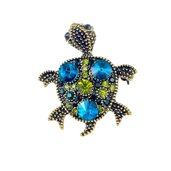 Vintage Turtle Brooch With Blue & Green Rhinestones - Picture 2 of 6